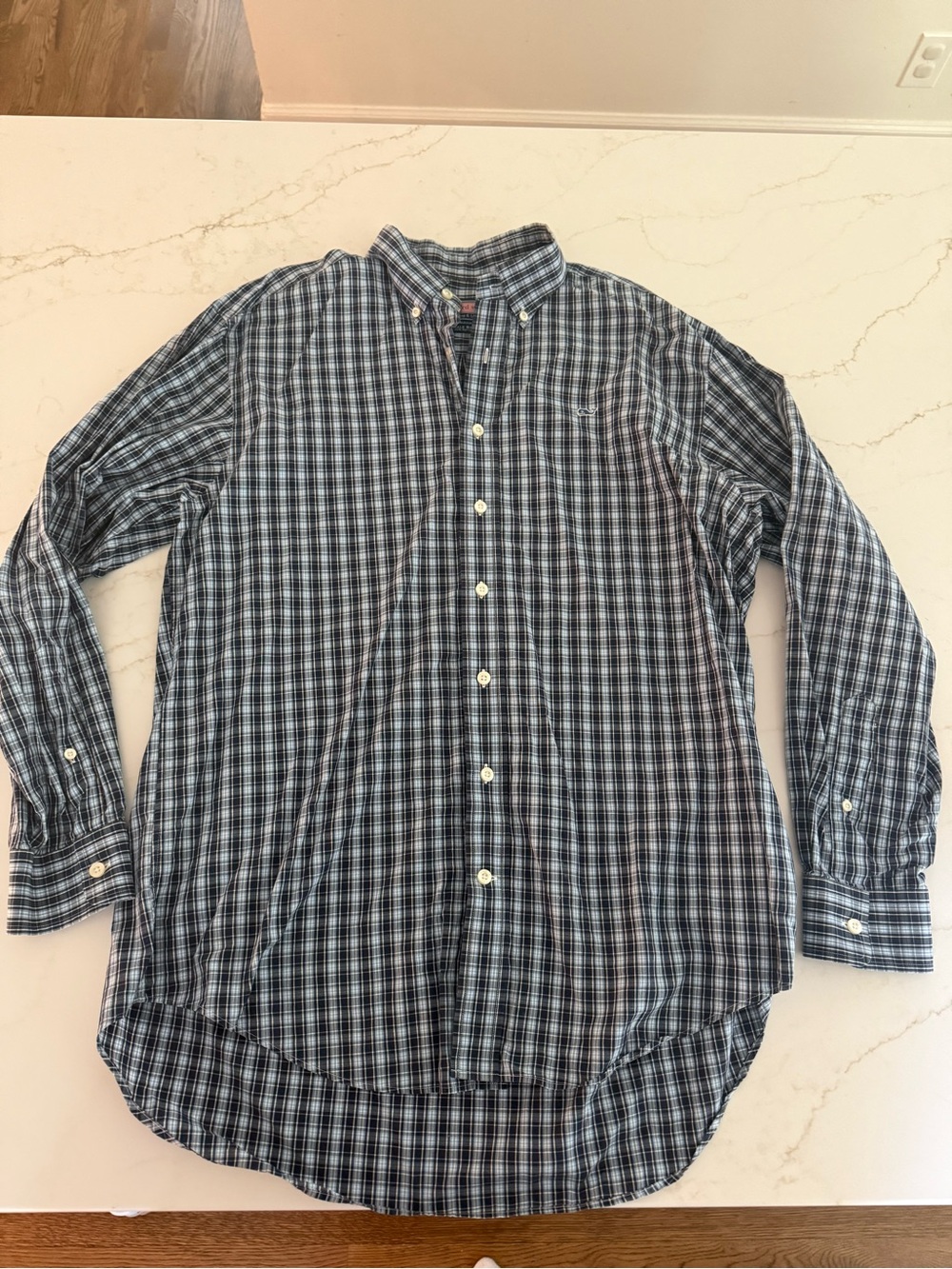 Vineyard Vines Navy and White Plaid Button-Down Shirt